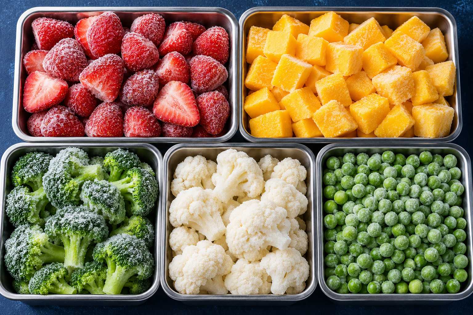 Illustration of frozen strawberries, mango, broccoli, cauliflower, and peas in foodservice trays